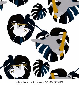 Hand drawn seamless pattern with tropical leaves: palms, monstera, passion fruit. Beautiful allover print with hand drawn exotic plants and animals. Swimwear botanical design. Vector for any purposes