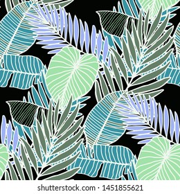 Hand drawn seamless pattern with tropical leaves: palms, monstera, passion fruit, fern. Beautiful allover print with hand drawn exotic plants. Swimwear botanical design. Vector for any purposes