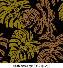 Hand drawn seamless pattern with tropical leaves: palms, monstera, passion fruit, fern. Beautiful allover print with hand drawn exotic plants. Swimwear botanical design. Vector for any purposes