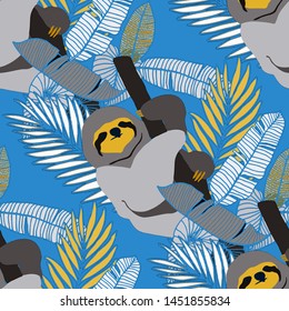 Hand drawn seamless pattern with tropical leaves: palms, monstera, passion fruit. Beautiful allover print with hand drawn exotic plants and animals. Swimwear botanical design. Vector for any purposes