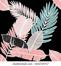 Hand drawn seamless pattern with tropical leaves: palms, monstera, passion fruit. Beautiful allover print with hand drawn exotic plants. Swimwear botanical design. Vector for any purposes