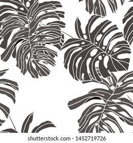 Hand drawn seamless pattern with tropical leaves: palms, monstera, passion fruit. Beautiful allover print with hand drawn exotic plants. Swimwear botanical design. Vector for any purposes