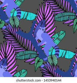 Hand drawn seamless pattern with tropical leaves: palms, monstera, passion fruit. Beautiful allover print with hand drawn exotic plants and animals. Swimwear botanical design. Vector for any purposes