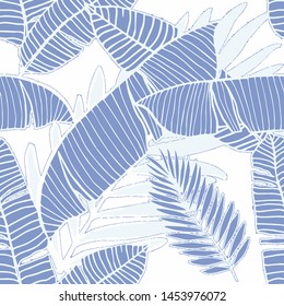 Hand drawn seamless pattern with tropical leaves: palms, monstera, passion fruit. Beautiful allover print with hand drawn exotic plants. Swimwear botanical design. Vector for any purposes