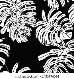Hand drawn seamless pattern with tropical leaves: palms, monstera, passion fruit. Beautiful allover print with hand drawn exotic plants. Swimwear botanical design. Vector for any purposes