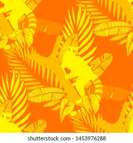 Hand drawn seamless pattern with tropical leaves: palms, monstera, passion fruit. Beautiful allover print with hand drawn exotic plants and animals. Swimwear botanical design. Vector for any purposes