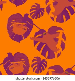 Hand drawn seamless pattern with tropical leaves: palms, monstera, passion fruit. Beautiful allover print with hand drawn exotic plants and animals. Swimwear botanical design. Vector for any purposes