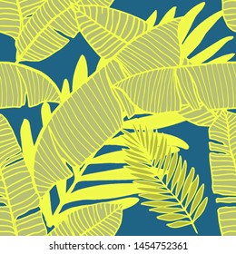 Hand drawn seamless pattern with tropical leaves: palms, monstera, passion fruit. Beautiful allover print with hand drawn exotic plants. Swimwear botanical design. Vector for any purposes