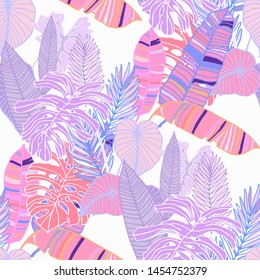Hand drawn seamless pattern with tropical leaves: palms, monstera, passion fruit. Beautiful allover print with hand drawn exotic plants. Swimwear botanical design. Vector for any purposes
