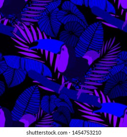 Hand drawn seamless pattern with tropical leaves: palms, monstera, passion fruit. Beautiful allover print with hand drawn exotic plants and animals. Swimwear botanical design. Vector for any purposes