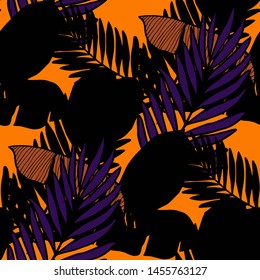 Hand drawn seamless pattern with tropical leaves: palms, monstera, passion fruit. Beautiful allover print with hand drawn exotic plants. Swimwear botanical design. Vector for any purposes