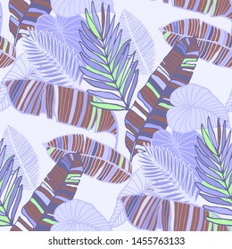 Hand drawn seamless pattern with tropical leaves: palms, monstera, passion fruit. Beautiful allover print with hand drawn exotic plants. Swimwear botanical design. Vector for any purposes