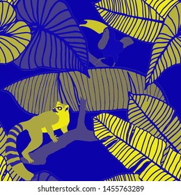 Hand drawn seamless pattern with tropical leaves: palms, monstera, passion fruit. Beautiful allover print with hand drawn exotic plants and animals. Swimwear botanical design. Vector for any purposes