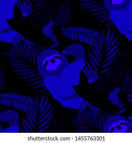 Hand drawn seamless pattern with tropical leaves: palms, monstera, passion fruit. Beautiful allover print with hand drawn exotic plants and animals. Swimwear botanical design. Vector for any purposes