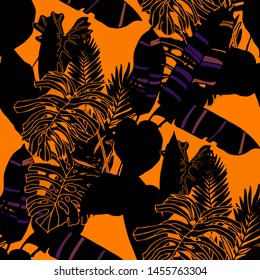 Hand drawn seamless pattern with tropical leaves: palms, monstera, passion fruit. Beautiful allover print with hand drawn exotic plants and animals. Swimwear botanical design. Vector for any purposes
