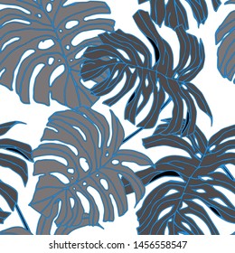 Hand drawn seamless pattern with tropical leaves: palms, monstera, passion fruit. Beautiful allover print with hand drawn exotic plants. Swimwear botanical design. Vector for any purposes