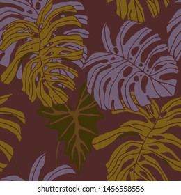 Hand drawn seamless pattern with tropical leaves: palms, monstera, passion fruit. Beautiful allover print with hand drawn exotic plants. Swimwear botanical design. Vector for any purposes