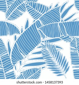 Hand drawn seamless pattern with tropical leaves: palms, monstera, passion fruit. Beautiful allover print with hand drawn exotic plants. Swimwear botanical design. Vector for any purposes