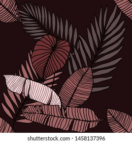 Hand drawn seamless pattern with tropical leaves: palms, monstera, passion fruit. Beautiful allover print with hand drawn exotic plants. Swimwear botanical design. Vector for any purposes
