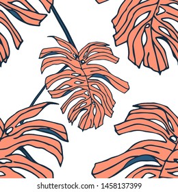 Hand drawn seamless pattern with tropical leaves: palms, monstera, passion fruit. Beautiful allover print with hand drawn exotic plants. Swimwear botanical design. Vector for any purposes