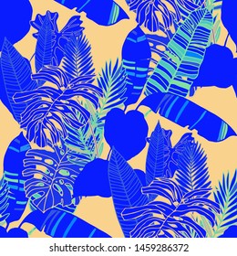 Hand drawn seamless pattern with tropical leaves: palms, monstera, passion fruit. Beautiful allover print with hand drawn exotic plants. Swimwear botanical design. Vector for any purposes