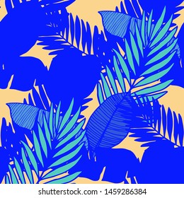 Hand drawn seamless pattern with tropical leaves: palms, monstera, passion fruit. Beautiful allover print with hand drawn exotic plants. Swimwear botanical design. Vector for any purposes