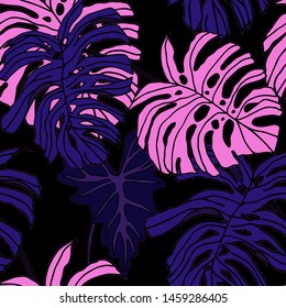 Hand drawn seamless pattern with tropical leaves: palms, monstera, passion fruit. Beautiful allover print with hand drawn exotic plants. Swimwear botanical design. Vector for any purposes