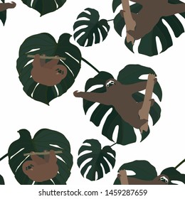Hand drawn seamless pattern with tropical leaves: palms, monstera, passion fruit. Beautiful allover print with hand drawn exotic plants and animals. Swimwear botanical design. Vector for any purposes