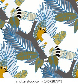 Hand drawn seamless pattern with tropical leaves: palms, monstera, passion fruit. Beautiful allover print with hand drawn exotic plants and animals. Swimwear botanical design. Vector for any purposes