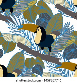 Hand drawn seamless pattern with tropical leaves: palms, monstera, passion fruit. Beautiful allover print with hand drawn exotic plants and animals. Swimwear botanical design. Vector for any purposes