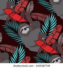 Hand drawn seamless pattern with tropical leaves: palms, monstera, passion fruit. Beautiful allover print with hand drawn exotic plants and animals. Swimwear botanical design. Vector for any purposes