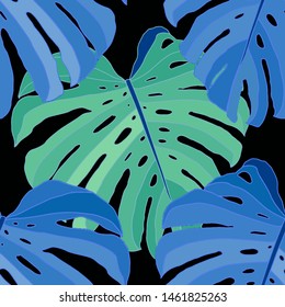 Hand drawn seamless pattern with tropical leaves: palms, monstera, passion fruit. Beautiful allover print with hand drawn exotic plants. Swimwear botanical design. Vector for any purposes