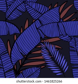 Hand drawn seamless pattern with tropical leaves: palms, monstera, passion fruit. Beautiful allover print with hand drawn exotic plants. Swimwear botanical design. Vector for any purposes