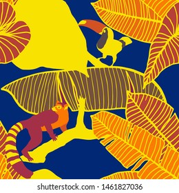 Hand drawn seamless pattern with tropical leaves: palms, monstera, passion fruit. Beautiful allover print with hand drawn exotic plants and animals. Swimwear botanical design. Vector for any purposes