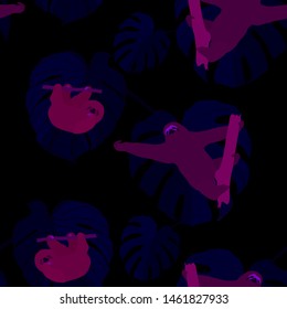 Hand drawn seamless pattern with tropical leaves: palms, monstera, passion fruit. Beautiful allover print with hand drawn exotic plants and animals. Swimwear botanical design. Vector for any purposes