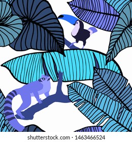 Hand drawn seamless pattern with tropical leaves: palms, monstera, passion fruit. Beautiful allover print with hand drawn exotic plants and animals. Swimwear botanical design. Vector for any purposes