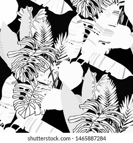 Hand drawn seamless pattern with tropical leaves: palms, monstera, passion fruit. Beautiful allover print with hand drawn exotic plants. Swimwear botanical design. Vector for any purposes