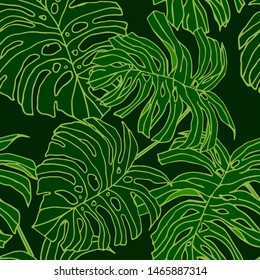 Hand drawn seamless pattern with tropical leaves: palms, monstera, passion fruit. Beautiful allover print with hand drawn exotic plants. Swimwear botanical design. Vector for any purposes