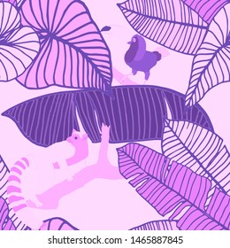 Hand drawn seamless pattern with tropical leaves: palms, monstera, passion fruit. Beautiful allover print with hand drawn exotic plants and animals. Swimwear botanical design. Vector for any purposes