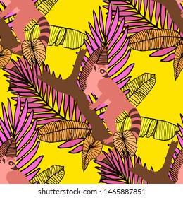 Hand drawn seamless pattern with tropical leaves: palms, monstera, passion fruit. Beautiful allover print with hand drawn exotic plants and animals. Swimwear botanical design. Vector for any purposes
