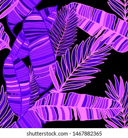 Hand drawn seamless pattern with tropical leaves: palms, monstera, passion fruit. Beautiful allover print with hand drawn exotic plants. Swimwear botanical design. Vector for any purposes