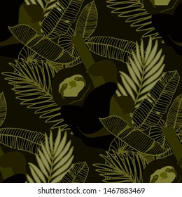 Hand drawn seamless pattern with tropical leaves: palms, monstera, passion fruit. Beautiful allover print with hand drawn exotic plants and animals. Swimwear botanical design. Vector for any purposes