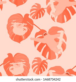 Hand drawn seamless pattern with tropical leaves: palms, monstera, passion fruit. Beautiful allover print with hand drawn exotic plants and animals. Swimwear botanical design. Vector for any purposes