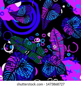 Hand drawn seamless pattern with tropical leaves: palms, monstera, passion fruit. Beautiful print with hand drawn exotic plants and abstract elements. Swimwear  design. Vector for any purposes
