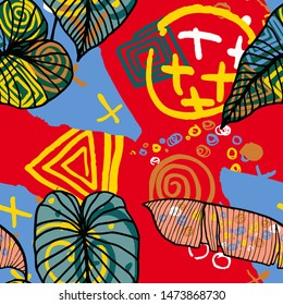 Hand drawn seamless pattern with tropical leaves: palms, monstera, passion fruit. Beautiful print with hand drawn exotic plants and abstract elements. Swimwear  design. Vector for any purposes