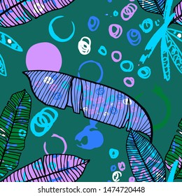 Hand drawn seamless pattern with tropical leaves: palms, monstera, passion fruit. Beautiful print with hand drawn exotic plants and abstract elements. Swimwear  design. Vector for any purposes
