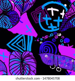 Hand drawn seamless pattern with tropical leaves: palms, monstera, passion fruit. Beautiful print with hand drawn exotic plants and abstract elements. Swimwear  design. Vector for any purposes
