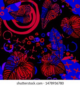 Hand drawn seamless pattern with tropical leaves: palms, monstera, passion fruit. Beautiful print with hand drawn exotic plants and abstract elements. Swimwear  design. Vector for any purposes