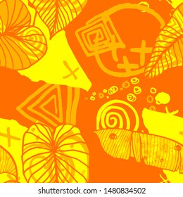 Hand drawn seamless pattern with tropical leaves: palms, monstera, passion fruit. Beautiful print with hand drawn exotic plants and abstract elements. Swimwear  design. Vector for any purposes