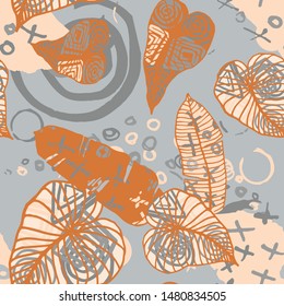 Hand drawn seamless pattern with tropical leaves: palms, monstera, passion fruit. Beautiful print with hand drawn exotic plants and abstract elements. Swimwear  design. Vector for any purposes